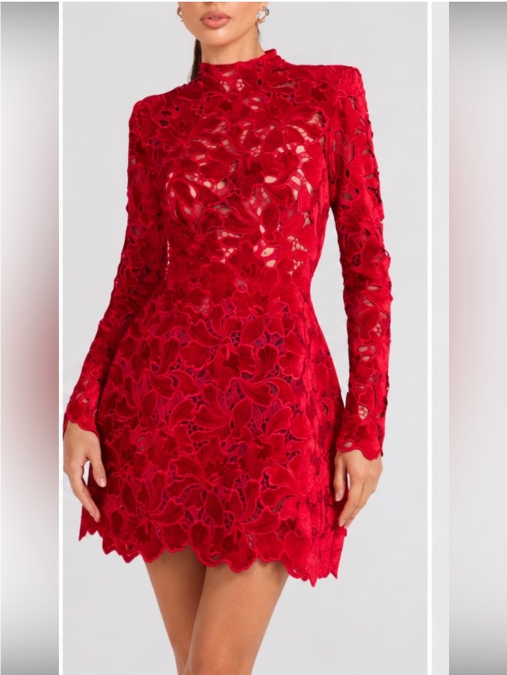 NADINE MERABI Lydia Red Lace Long Sleeve Mini Dress Size 4